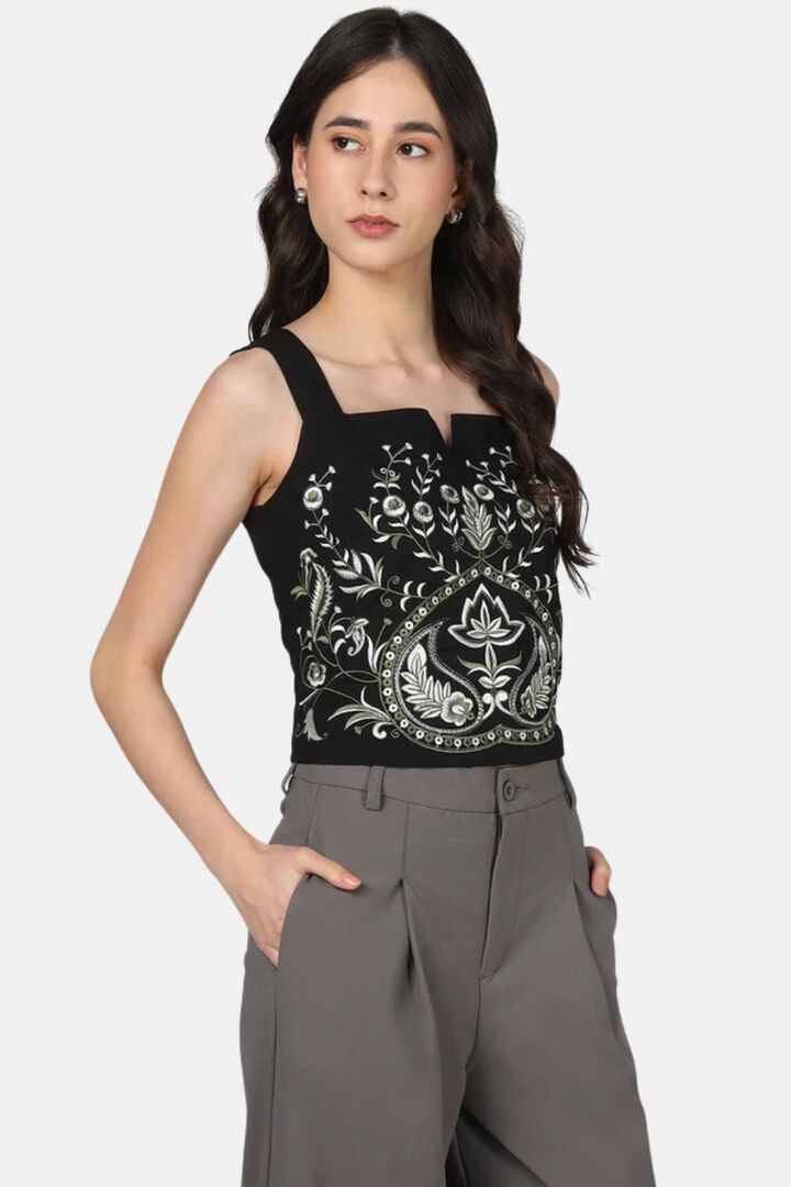 Sands of India Women Black Fully Embroidered Strap Top - Black — image 5