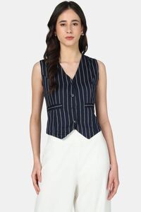 Sands of India Women White & Blue Striped Sleeveless V-Neck Waistcoat Vest - Blue — thumbnail 1