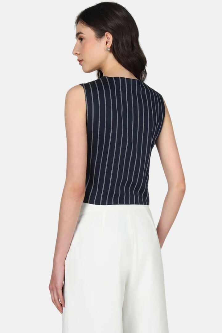 Sands of India Women White & Blue Striped Sleeveless V-Neck Waistcoat Vest - Blue — image 2