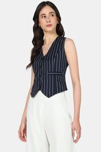Sands of India Women White & Blue Striped Sleeveless V-Neck Waistcoat Vest - Blue — thumbnail 3