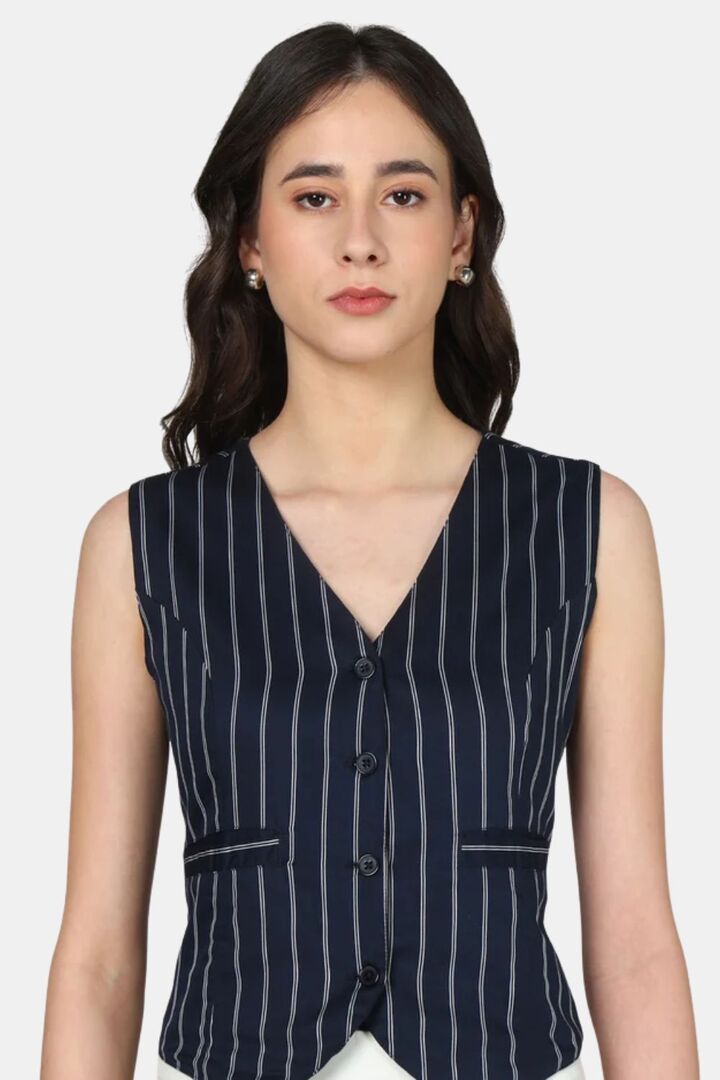 Sands of India Women White & Blue Striped Sleeveless V-Neck Waistcoat Vest - Blue — image 4