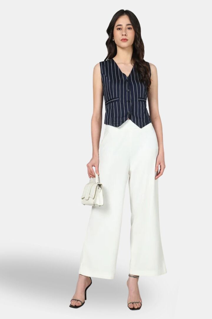 Sands of India Women White & Blue Striped Sleeveless V-Neck Waistcoat Vest - Blue — image 5