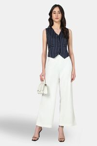Sands of India Women White & Blue Striped Sleeveless V-Neck Waistcoat Vest - Blue — thumbnail 5