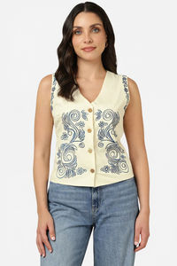 Sands of India Women Blue Embroidered V-Neck Ivory Waistcoat Vest - White — thumbnail 1