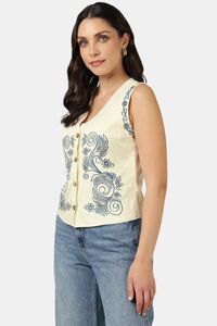 Sands of India Women Blue Embroidered V-Neck Ivory Waistcoat Vest - White — thumbnail 2