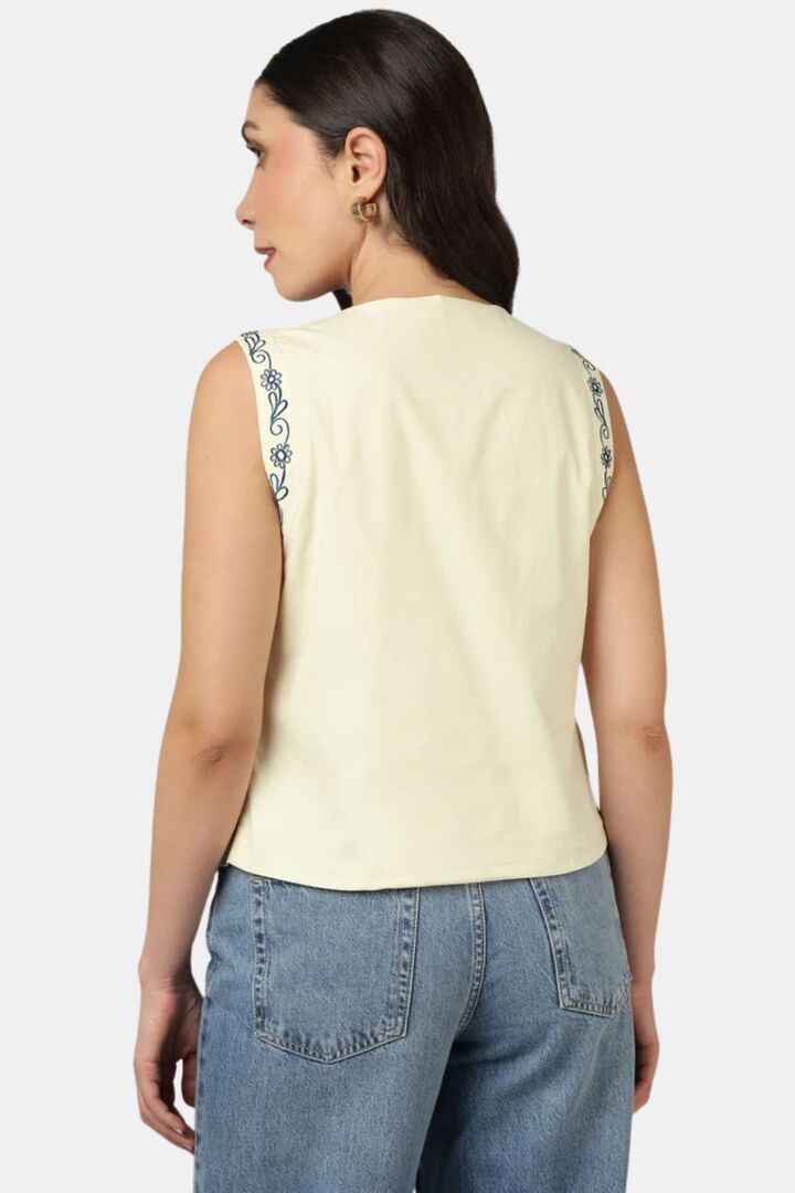 Sands of India Women Blue Embroidered V-Neck Ivory Waistcoat Vest - White — image 3