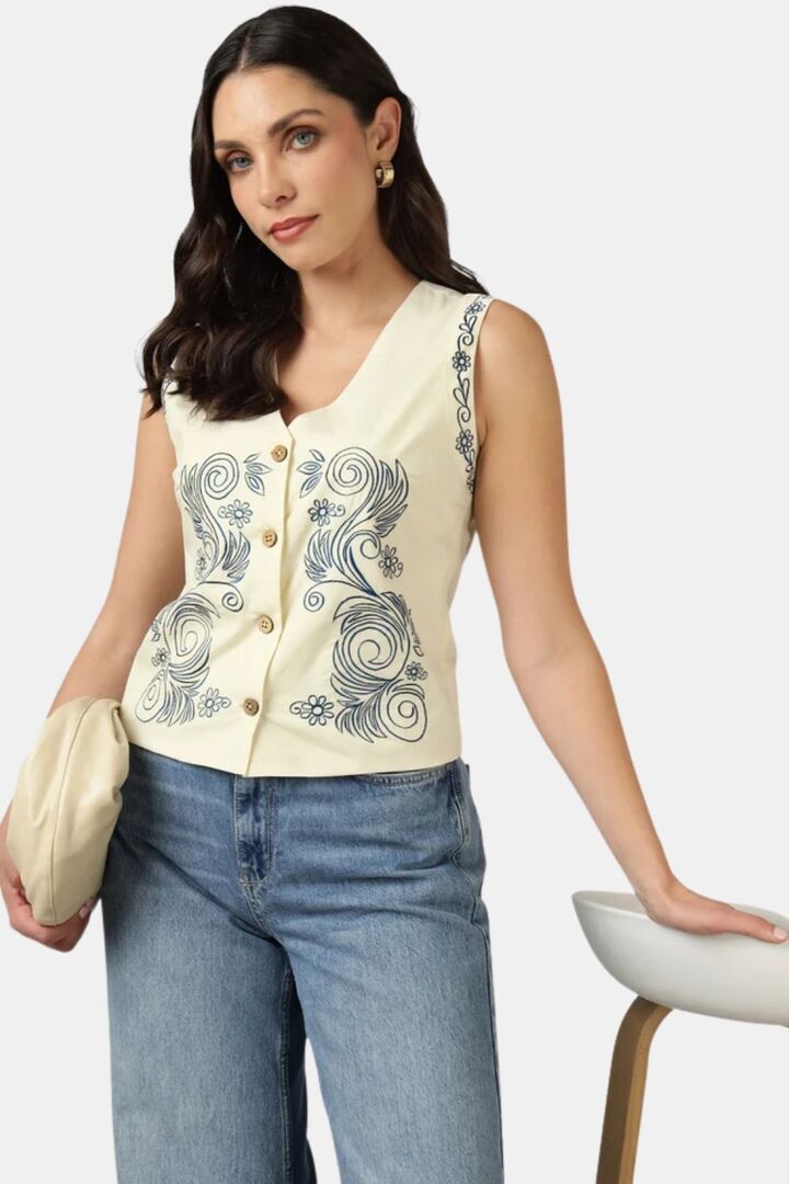 Sands of India Women Blue Embroidered V-Neck Ivory Waistcoat Vest - White — image 4
