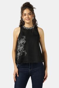 Sands of India Women Black Halter Neck Organza Top With Floral Embroidery - Black — thumbnail 1