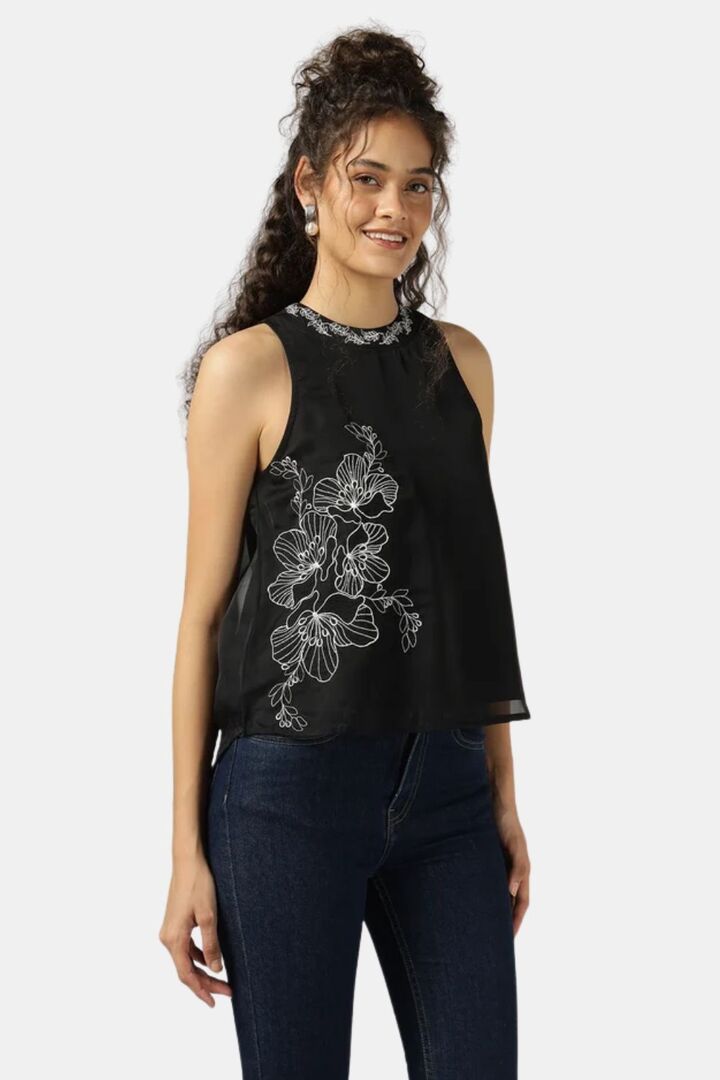 Sands of India Women Black Halter Neck Organza Top With Floral Embroidery - Black — image 3