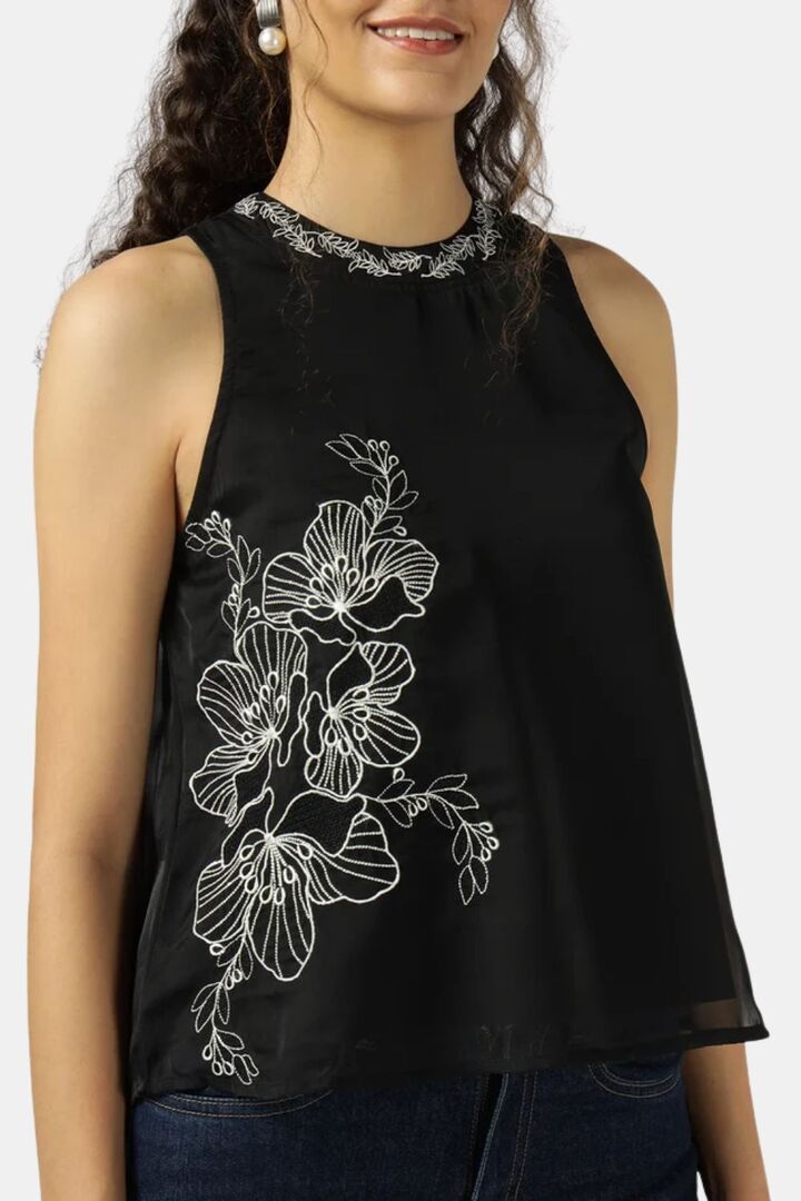 Sands of India Women Black Halter Neck Organza Top With Floral Embroidery - Black — image 4