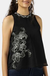 Sands of India Women Black Halter Neck Organza Top With Floral Embroidery - Black — thumbnail 4