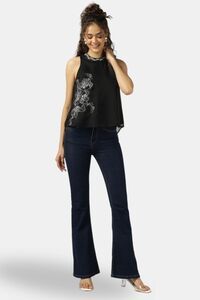 Sands of India Women Black Halter Neck Organza Top With Floral Embroidery - Black — thumbnail 5