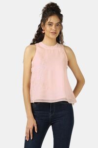 Sands of India Women Peach Halter Neck Organza Top With Floral Embroidery - Pink — thumbnail 1