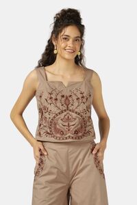 Sands of India Women Mocha Fully Embroidered Strap Top - Brown — thumbnail 1