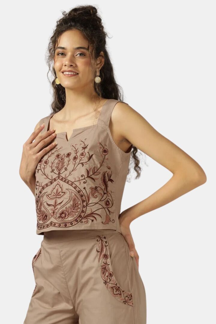 Sands of India Women Mocha Fully Embroidered Strap Top - Brown — image 2
