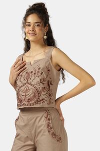 Sands of India Women Mocha Fully Embroidered Strap Top - Brown — thumbnail 2