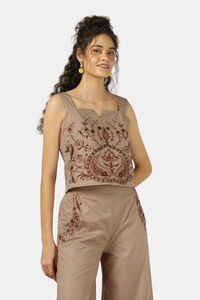 Sands of India Women Mocha Fully Embroidered Strap Top - Brown — thumbnail 3