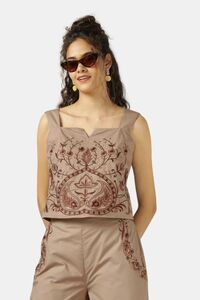 Sands of India Women Mocha Fully Embroidered Strap Top - Brown — thumbnail 4