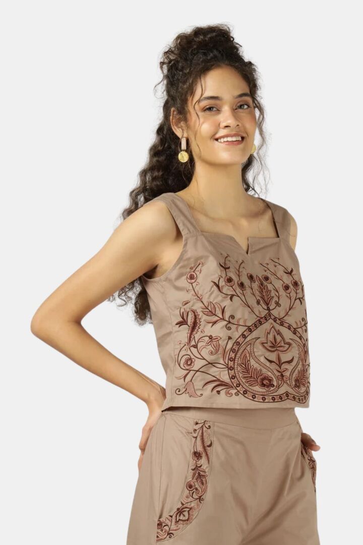 Sands of India Women Mocha Fully Embroidered Strap Top - Brown — image 5