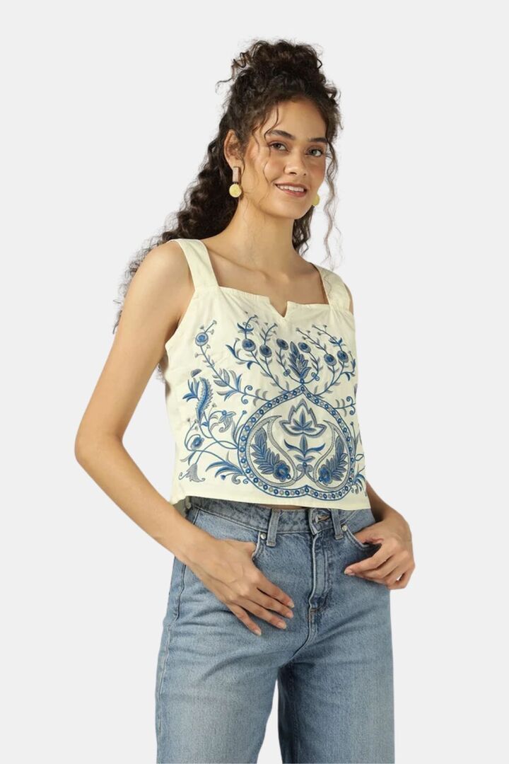 Sands of India Women Fully Embroidered Ivory Strap Top - White — image 4