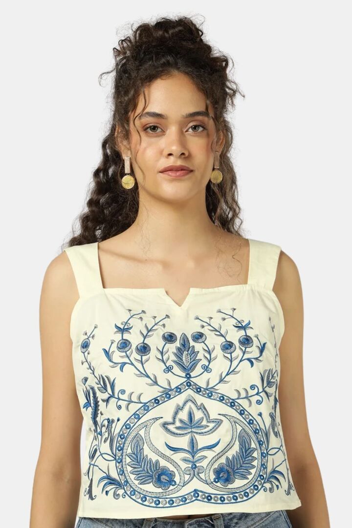 Sands of India Women Fully Embroidered Ivory Strap Top - White — image 5