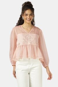 Sands of India Women Peach Organza Embroidered Top With Camisole - Pink — thumbnail 1