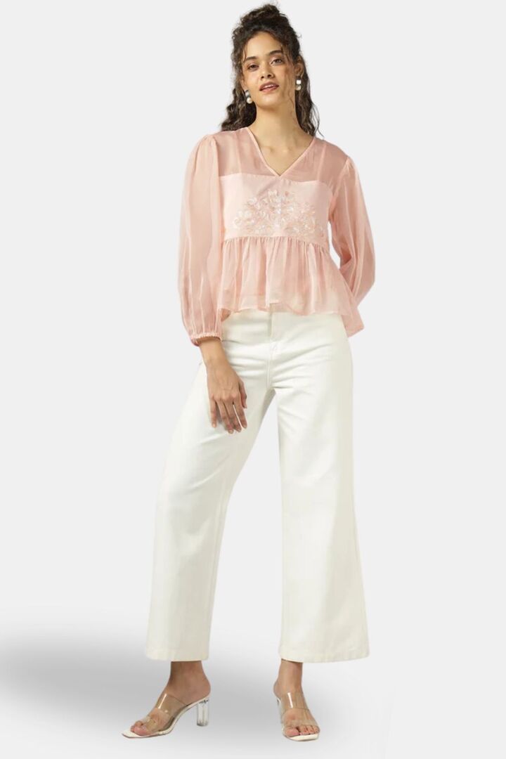Sands of India Women Peach Organza Embroidered Top With Camisole - Pink — image 2