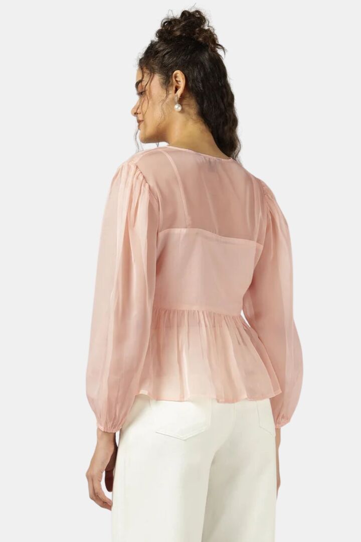 Sands of India Women Peach Organza Embroidered Top With Camisole - Pink — image 3
