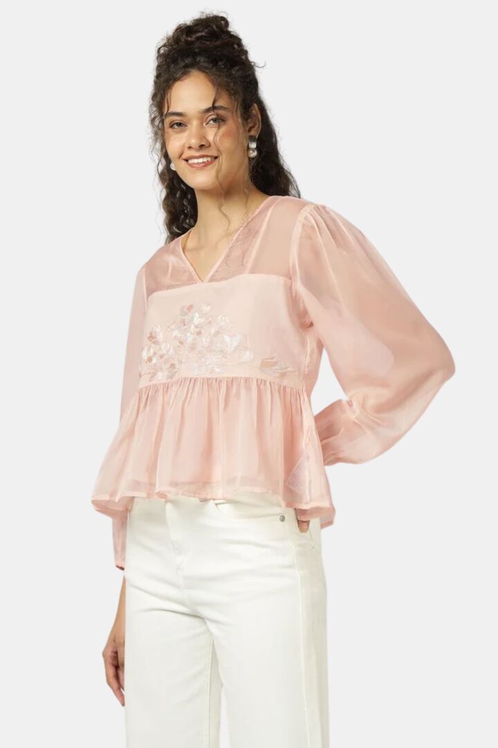 Sands of India Women Peach Organza Embroidered Top With Camisole - Pink — image 4