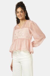 Sands of India Women Peach Organza Embroidered Top With Camisole - Pink — thumbnail 4