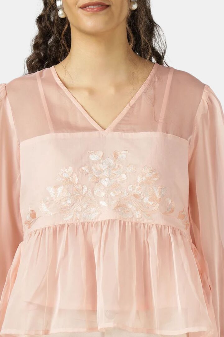 Sands of India Women Peach Organza Embroidered Top With Camisole - Pink — image 5