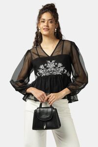Sands of India Women Black Organza Embroidered Top With Camisole - Black — thumbnail 1