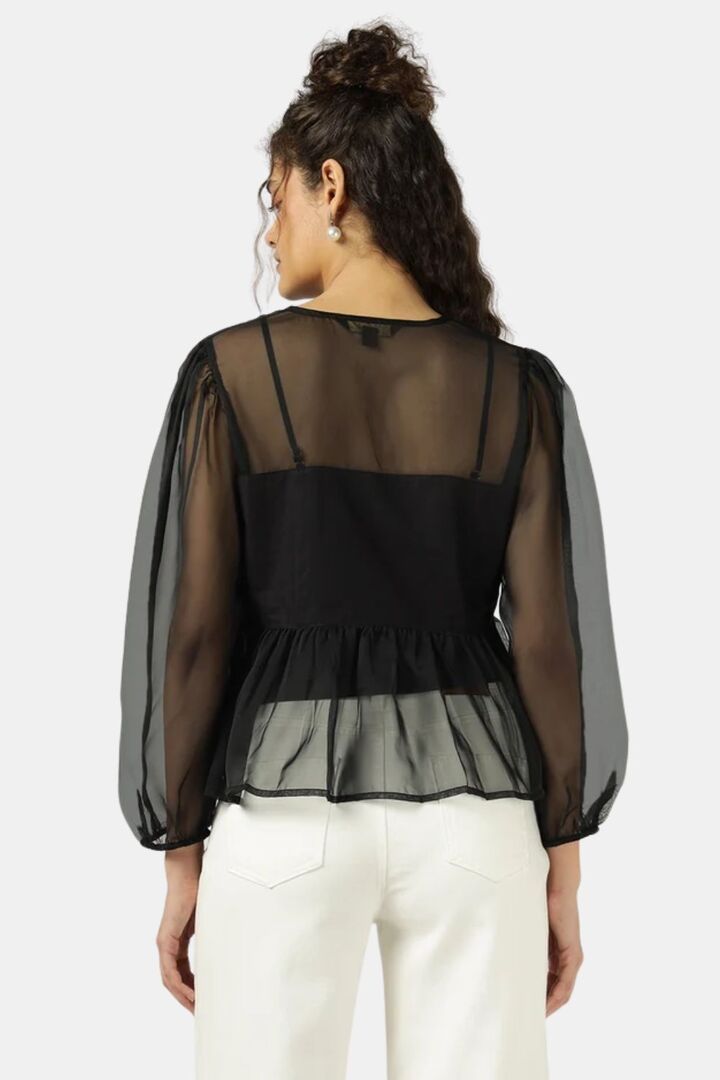 Sands of India Women Black Organza Embroidered Top With Camisole - Black — image 2