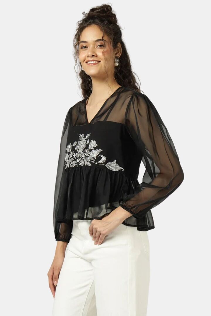 Sands of India Women Black Organza Embroidered Top With Camisole - Black — image 3