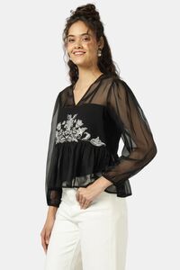 Sands of India Women Black Organza Embroidered Top With Camisole - Black — thumbnail 3