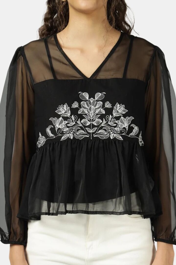 Sands of India Women Black Organza Embroidered Top With Camisole - Black — image 4