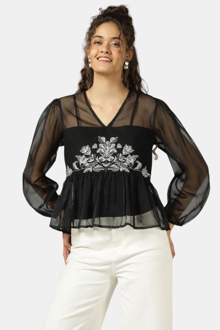 Sands of India Women Black Organza Embroidered Top With Camisole - Black — image 5
