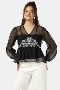 Sands of India Women Black Organza Embroidered Top With Camisole - Black — thumbnail 5
