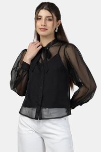 Sands of India Black Organza Back Yoke Embroidered Top With Camisole - Black — thumbnail 1