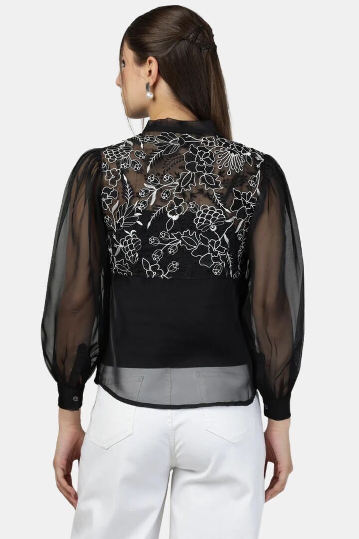 Sands of India Black Organza Back Yoke Embroidered Top With Camisole - Black — image 2