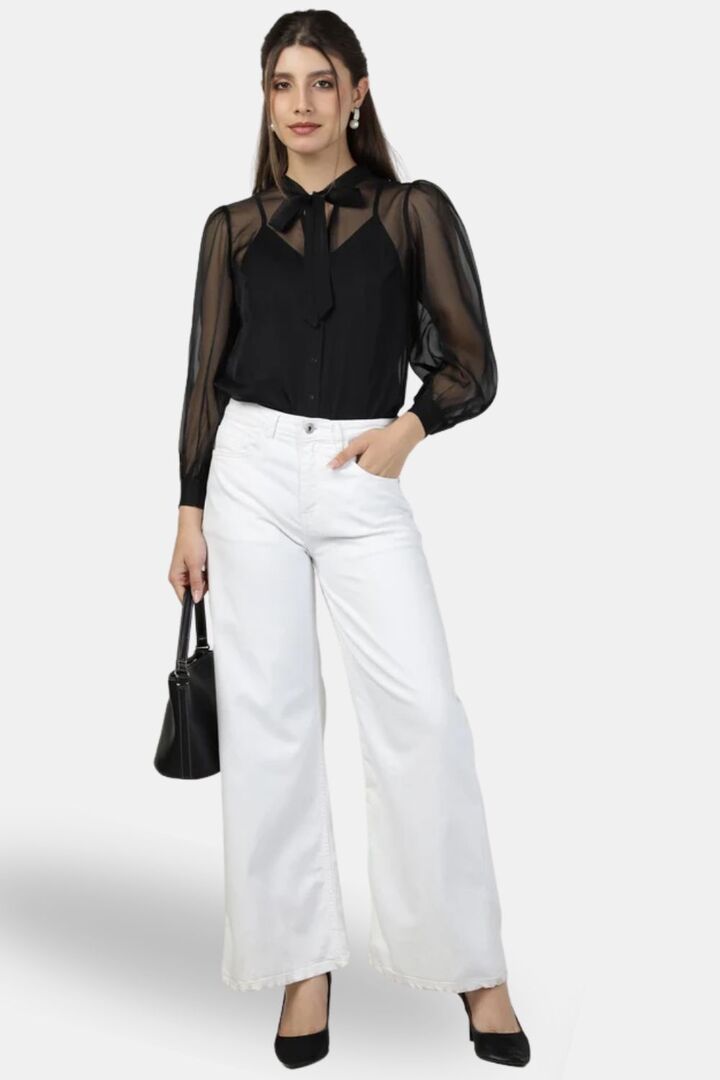 Sands of India Black Organza Back Yoke Embroidered Top With Camisole - Black — image 3