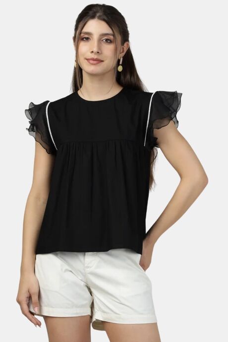 Buy Sands of India Women Breeze Organza Ruffled Black Poplin Top - Black