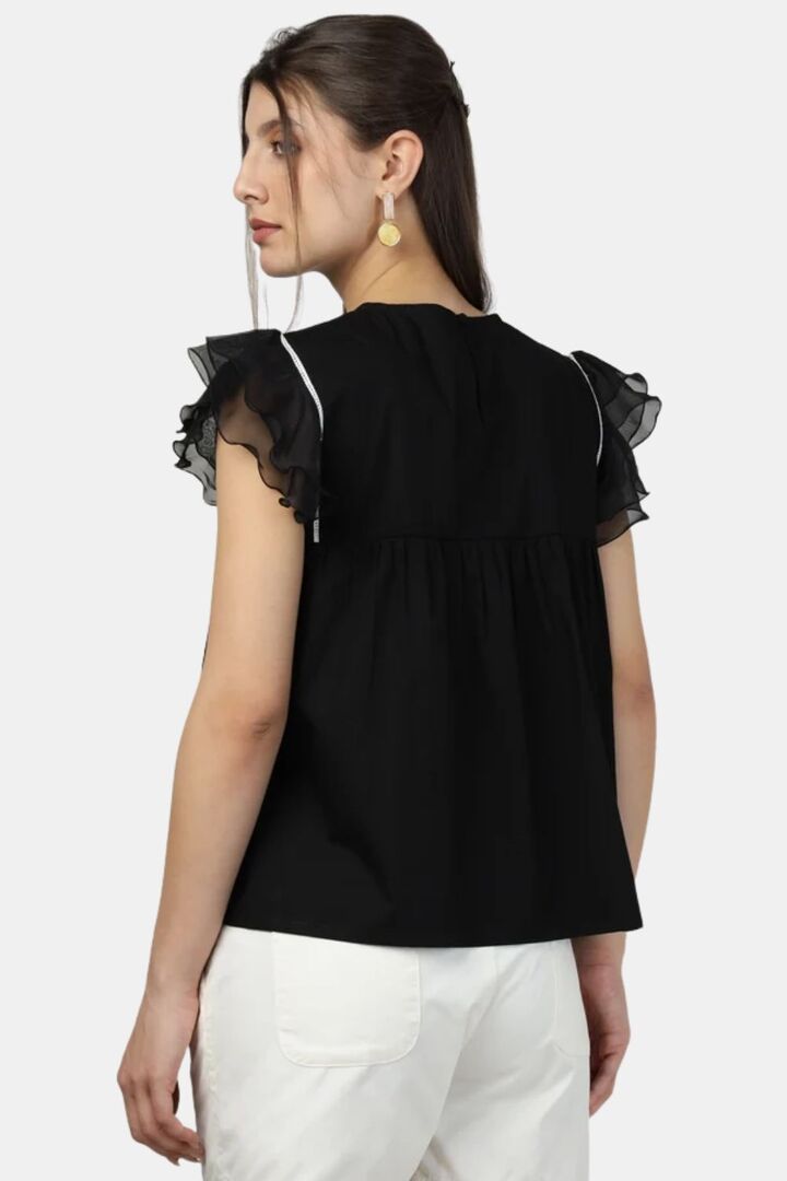 Sands of India Women Breeze Organza Ruffled Black Poplin Top - Black — image 2