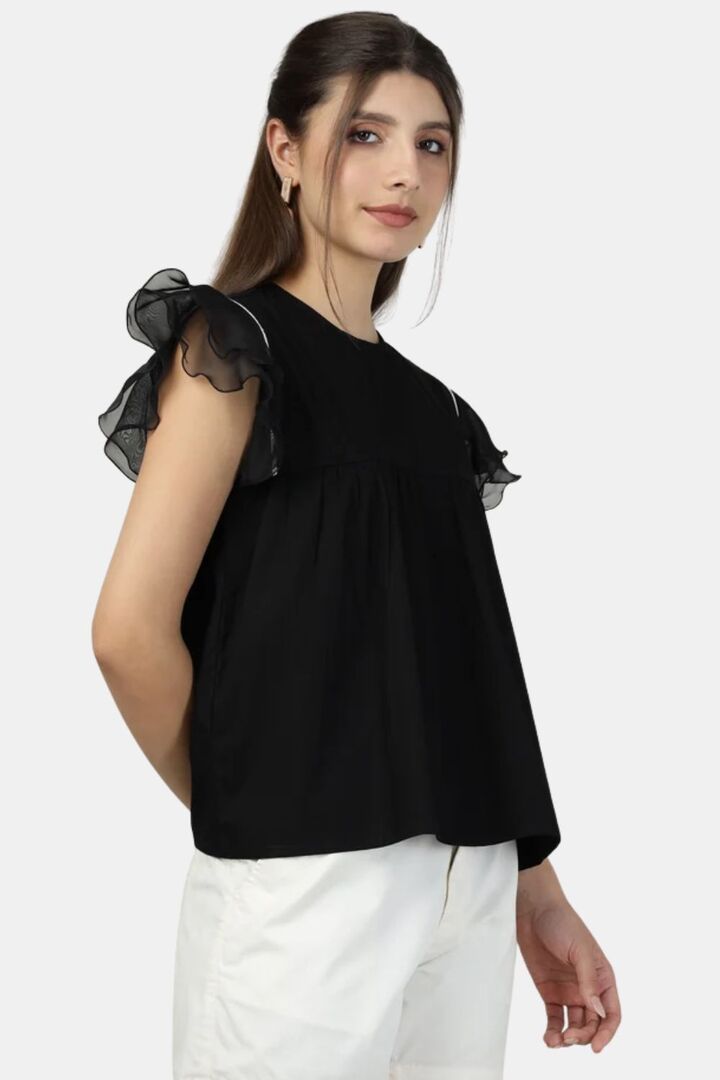 Sands of India Women Breeze Organza Ruffled Black Poplin Top - Black — image 3
