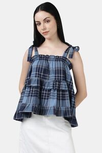 Sands of India Women Blue Checked Ruffled Strap Top - Blue — thumbnail 1