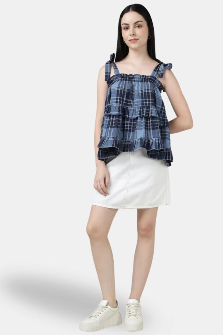 Sands of India Women Blue Checked Ruffled Strap Top - Blue — image 2