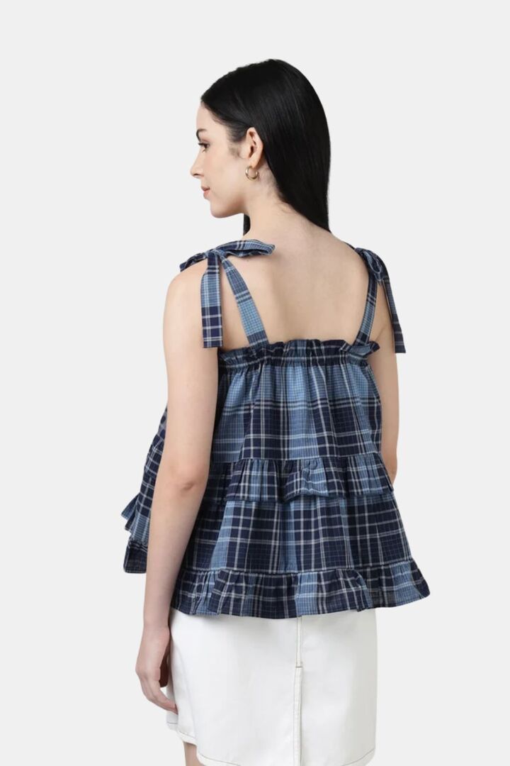 Sands of India Women Blue Checked Ruffled Strap Top - Blue — image 3