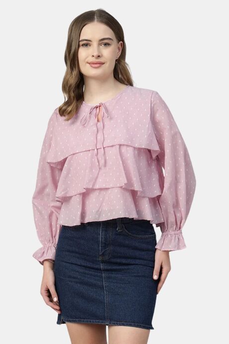 Sands of India Women Pastel Pink Dobby Ruffled Tie-Up Top - Pink Buy Sands of India Women Pastel Pink Dobby Ruffled Tie-Up Top - Pink