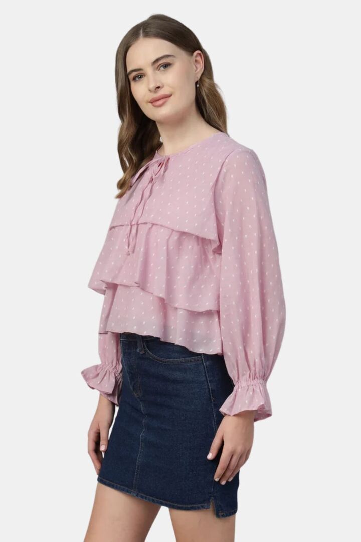 Sands of India Women Pastel Pink Dobby Ruffled Tie-Up Top - Pink — image 3