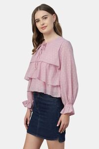 Sands of India Women Pastel Pink Dobby Ruffled Tie-Up Top - Pink — thumbnail 3
